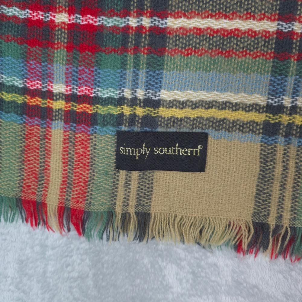 Simply Southern Blanket Scarf Womens Tan Plaid Fringed‎ Oversized Wrap - Picture 3 of 4